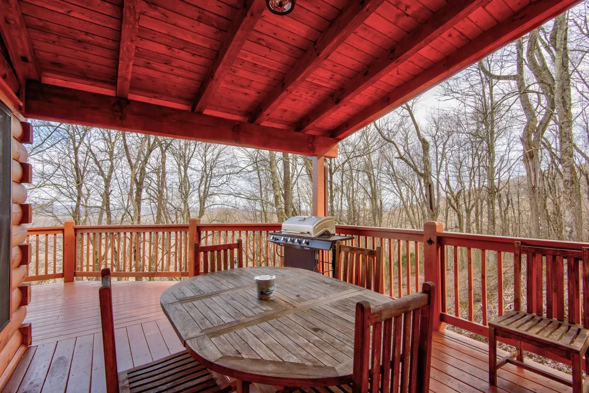 A wooden deck surrounded by trees, featuring a grill and a circular table, set up for outdoor dining or relaxation. The scene radiates coziness and a connection to the natural surroundings, ideal for enjoying meals or unwinding with your pets after a day of exploration.